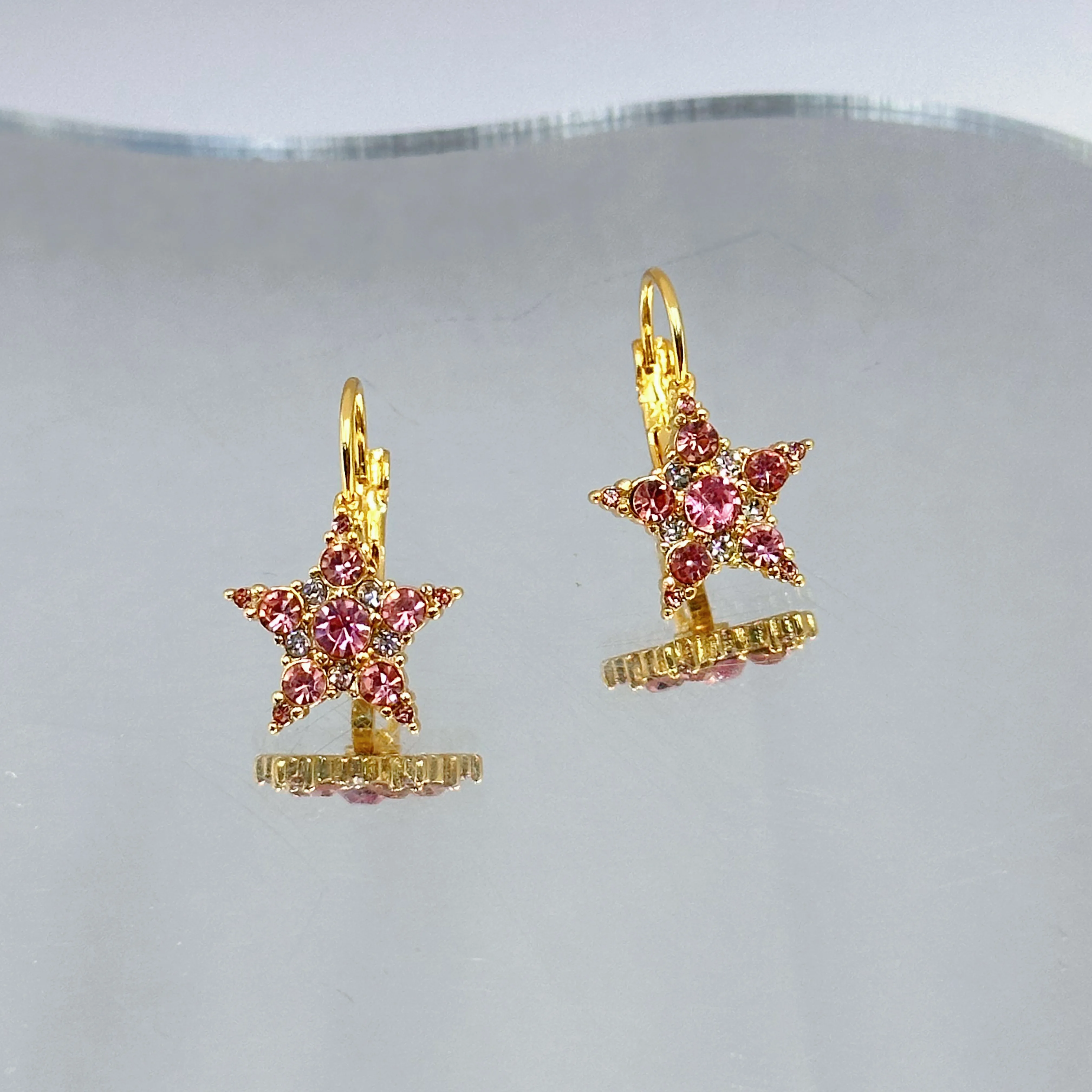 Golden Pentagram Drop Earrings for Women Pink Multi Rhinestone Star Lever Back Earrings Wedding Daily Fashion Jewelry