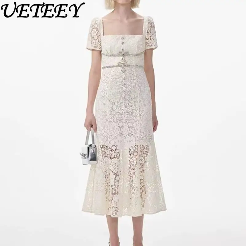 

French Minority White Sweet Square Collar Bow Diamond Long Dresses Lace Embroidery Hollow-out Cinched Slimming Fishtail Dress