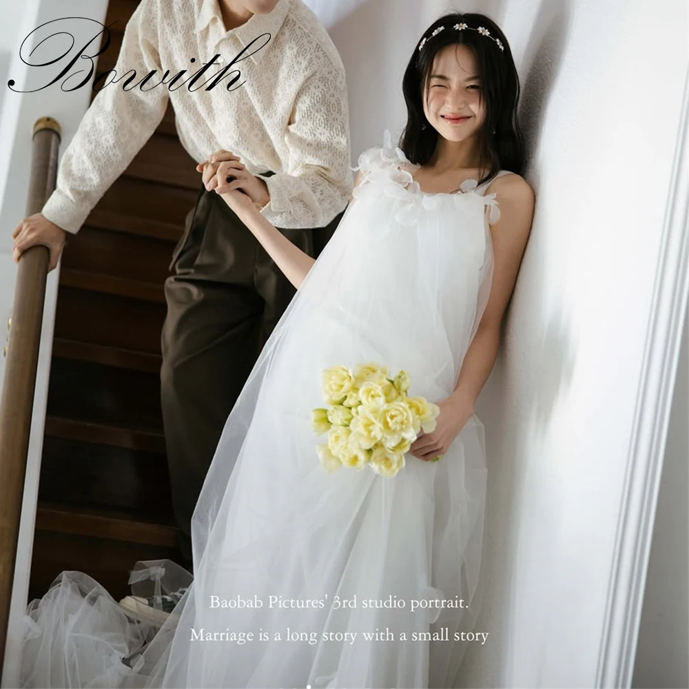 

Bowith Spaghetti Straps Soft Tulle A Line Wedding Dresses Korea Princess Prom Gowns Customized Wedding Photo Shoot Dresses