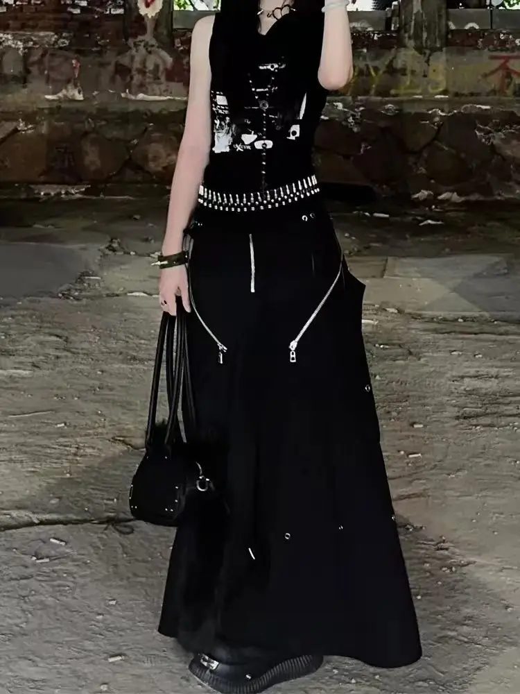 American High Street Black Work Dress Women Spring Autumn New Mid-waist Loose Fashionable Hot Girl Slim Big Sling Skirt