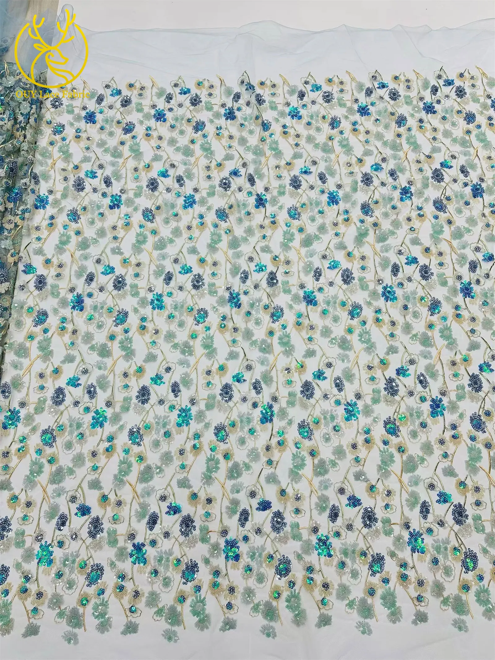 Luxuriöser afrikanischer Pailletten-Spitzenstoff, 5 Yards, hochwertige französische nigerianische Stickerei-Tüllspitze für Hochzeitsfeier, Brautkleid – Detail 15