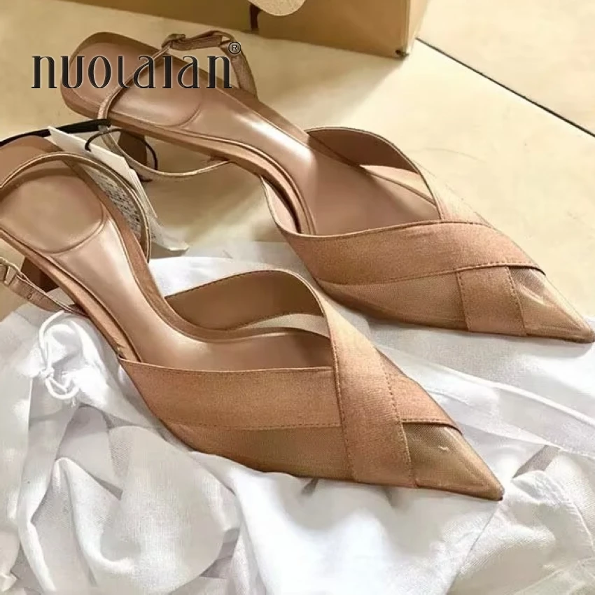 2024 Woman Pumps High Heels Sandals Summer Fashion Pointed Toe Low-heel Pumps Slingbacks Elegant Woman Heeled Shoes