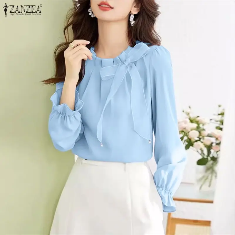 

ZANZEA Elegant Chic Women Blouses Pleated O-Neck Long Sleeve Bow Detailed Solid Color Tops 2026 Spring Fashion Woman Clothes 3XL