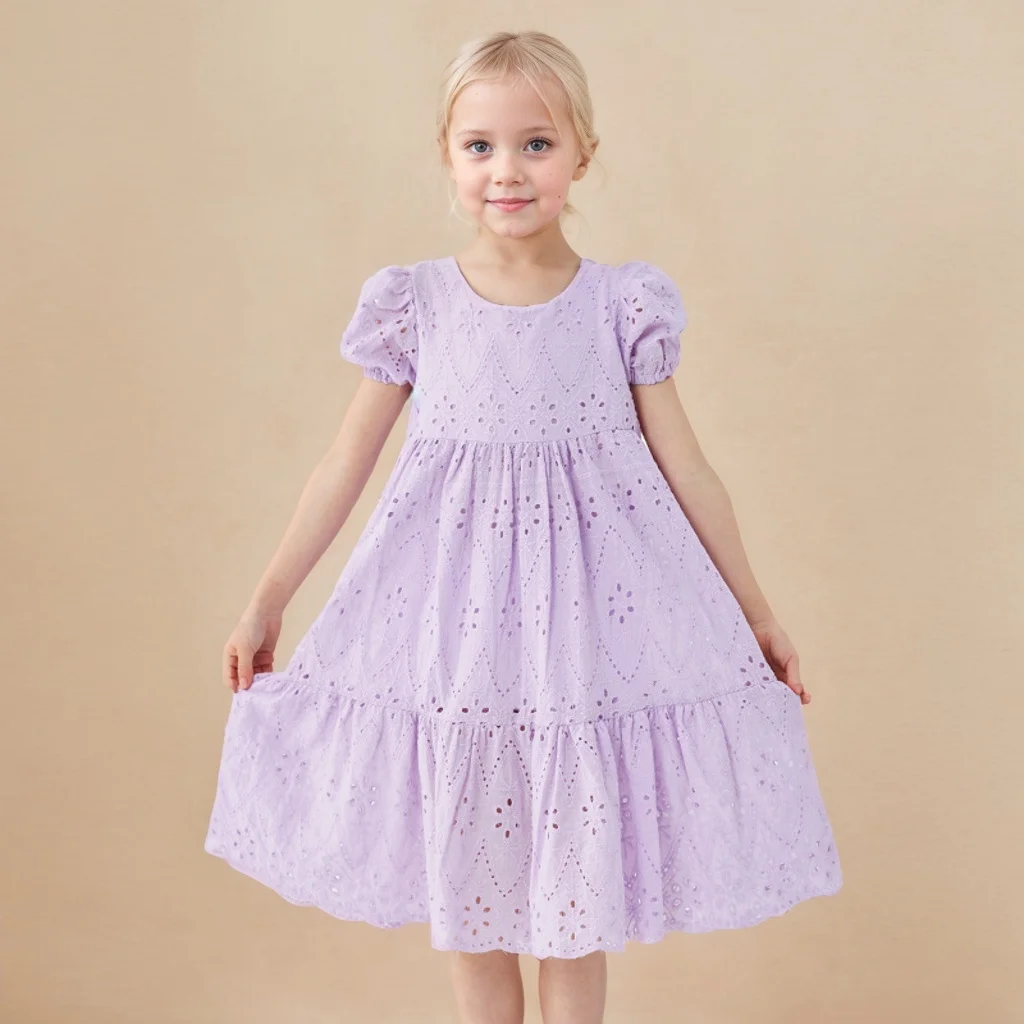 

Girls Summer Puff Short Sleeves Purple Solid Casual Dress Kids Dresses for Girl Children Princess Birthday Party Clothes 5-15Yrs