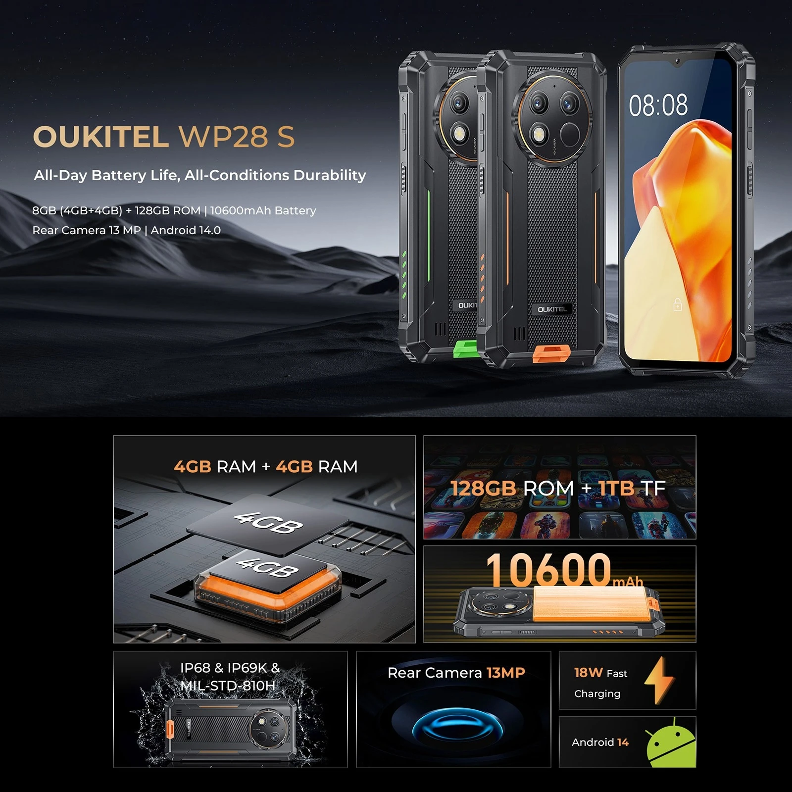 Oukitel WP28 S Rugged Phone (4+12)+128GB 10600mAh Battery 6.52‘' HD+ Android 14 13MP Camera Octa-core NFC 4G Smartphone