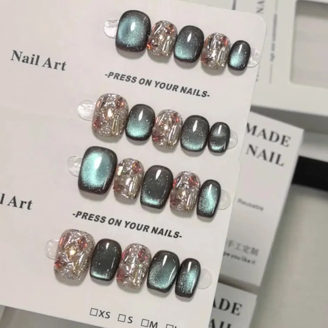 10Pcs Handmade Press on Nails Short Cat's Eye Pattern with Diamonds Fake Nail for Women&Girl Removable Wearable False Nail