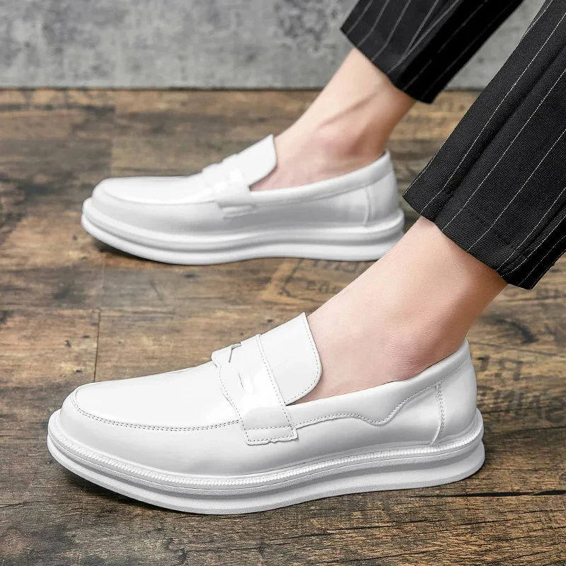White Leather Shoes Casual Men's Shoes Patent Leather Glossy Thick-soled Men's Photography Wedding Shoes