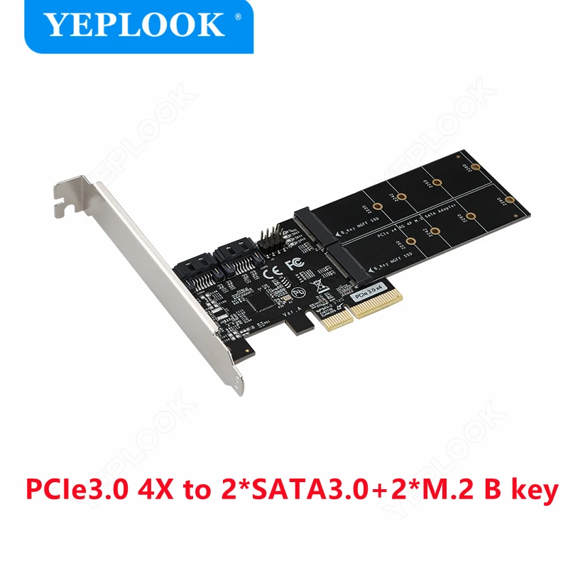 

PCIe3.0 x4 to 2 SATA3.0 + 2 M.2 B Key NGFF SSD PCI-E to SATAIII 6Gbps Controller Adapter Expansion Card for Desktop HDD SSD