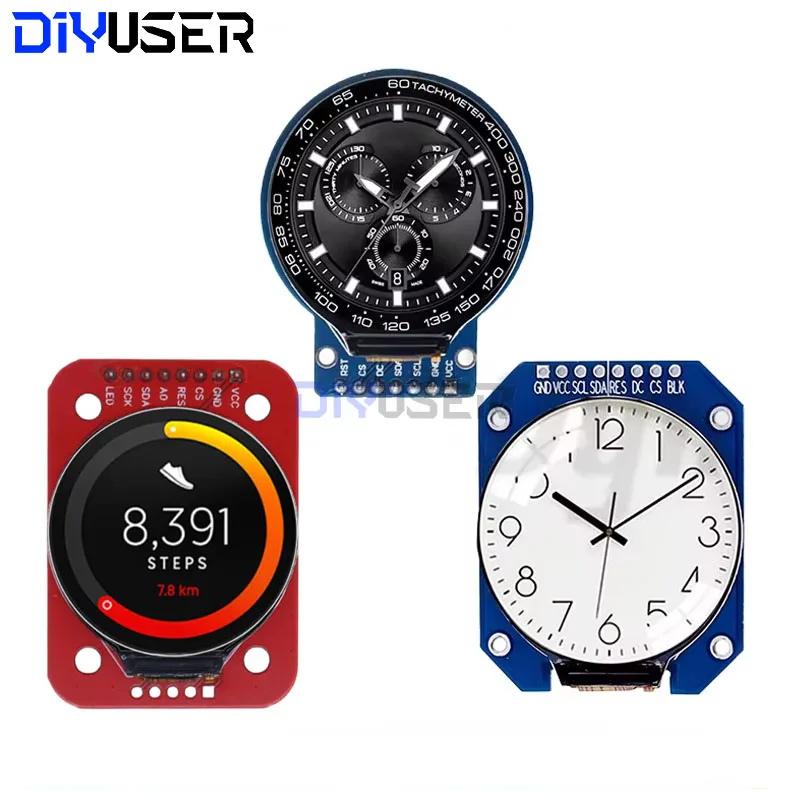 DIYUSER 1,28-calowy moduł wyświetlacza TFT LCD Okrągły RGB IPS HD Rozdzielczość 240x240 GC9A01 Sterownik 4-przewodowy interfejs SPI Płytka adaptera