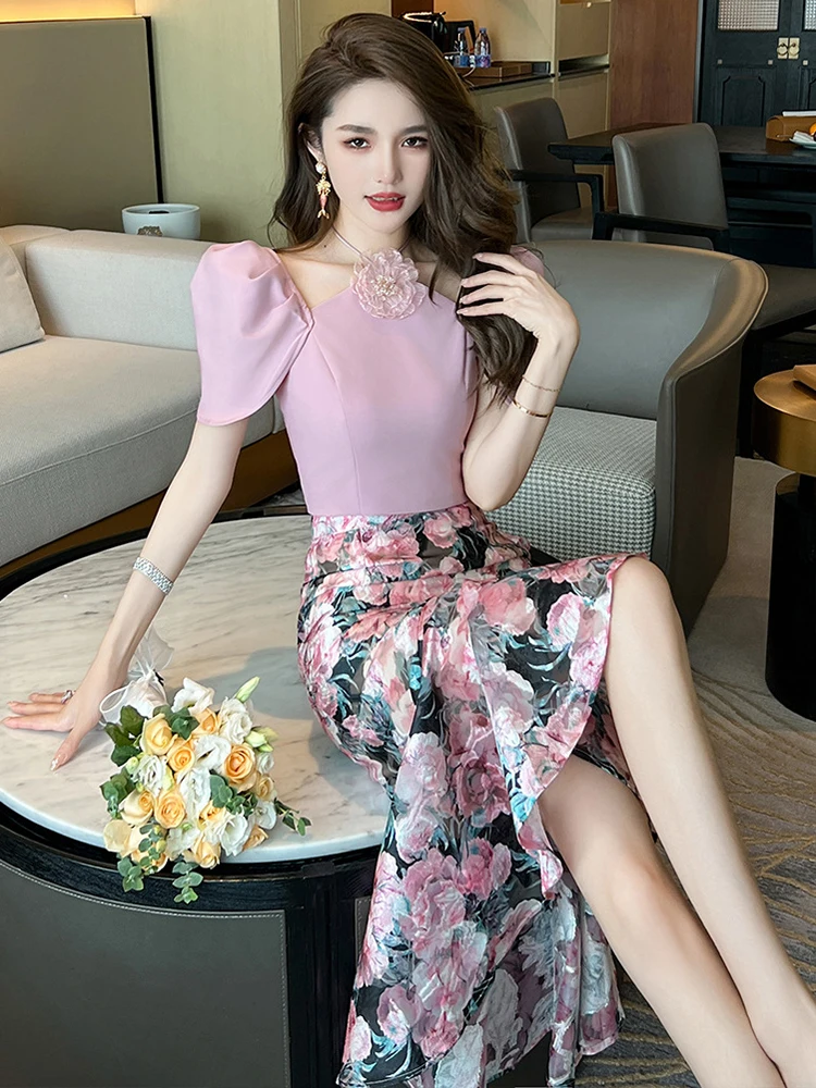 Fashion Summer Sexy Chic 2 Piece Outfit Elegant Women Lady Puff Sleeve Cropped Short Tops Shirt Blouse Midi Skirt Mujer Slim Set