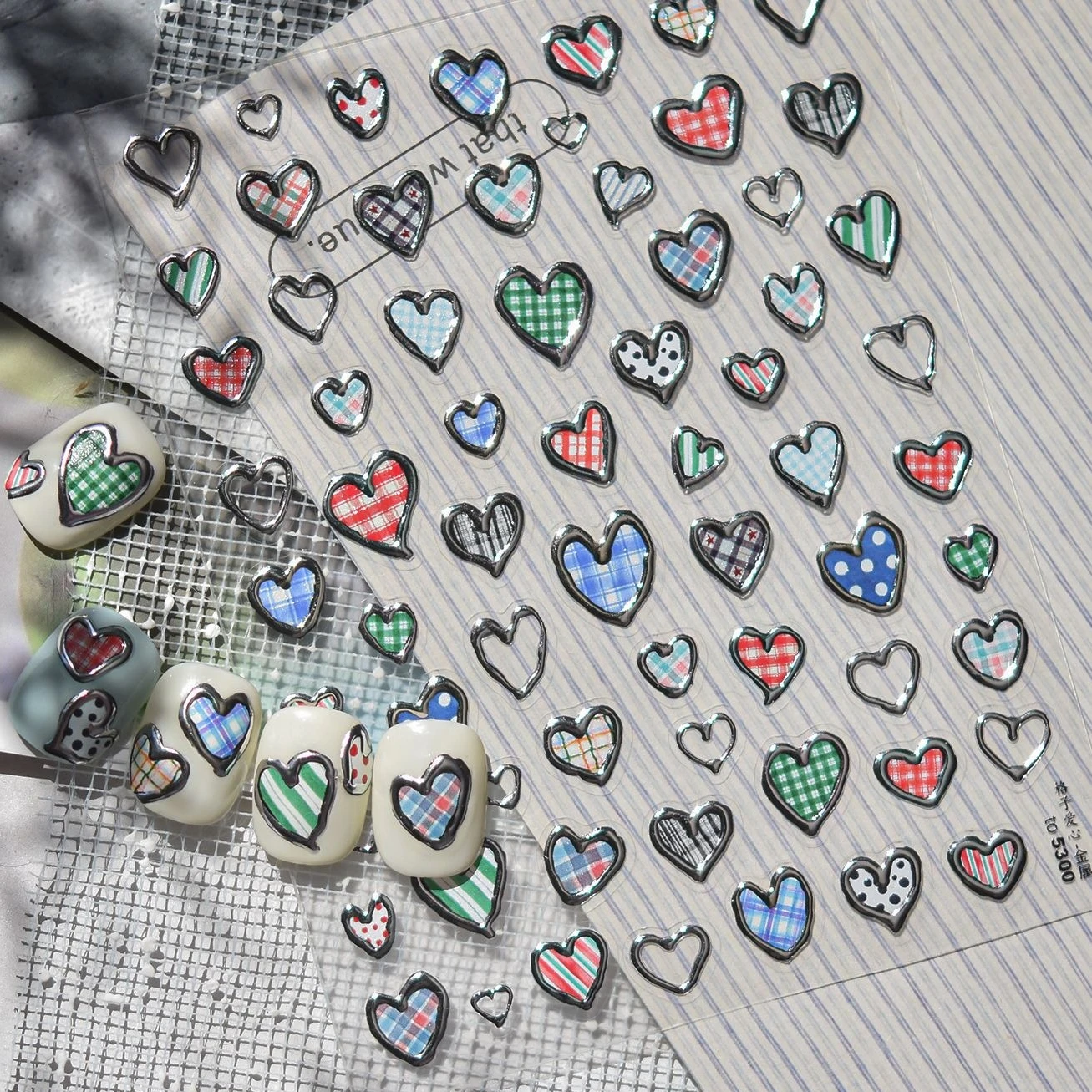

French Love Heart Irregular Pentagram Metal Silver Border Grid Star Chain Punk Block Clock Y2K Colorful Nail Art Stickers Decals