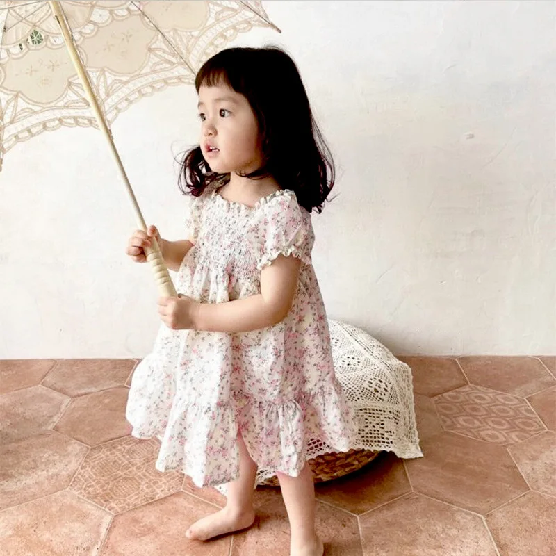 2023 Summer New Fashion Girls Short Sleeve Dress Children Puff Sleeve Princess Dress Cotton Baby Girl Floral Dress