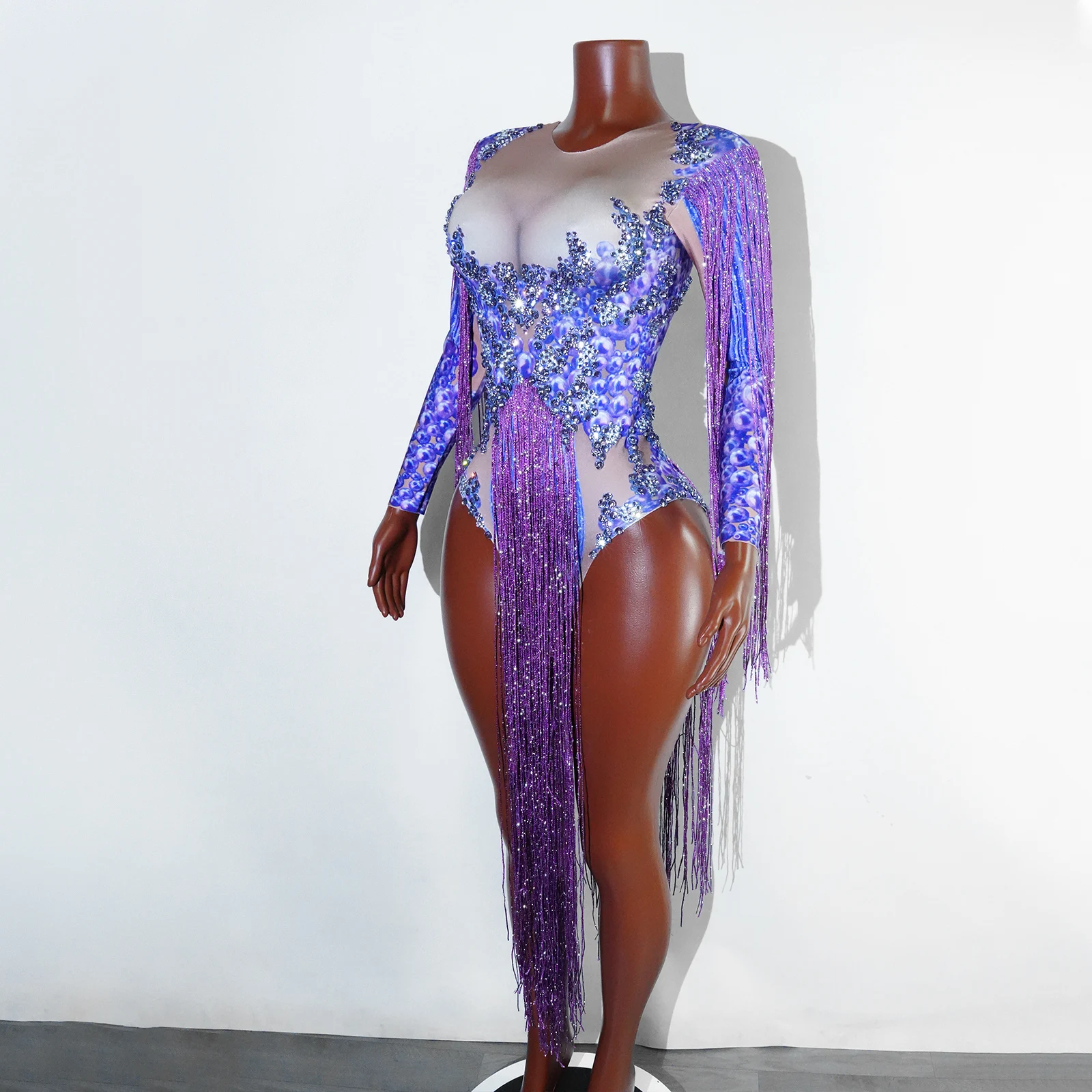 Sparkli Purple Rhinestone Fringed party night Leotard Bodysuit Birthday Party Dance Costume Singer Drag Queen Performance dress