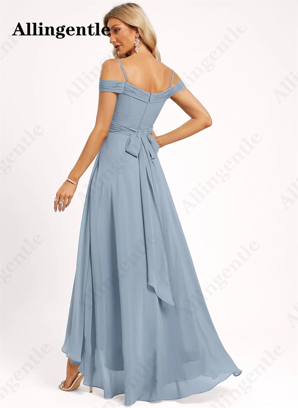 Allingave-Elegante vestido de dama de honra Chiffon, Spaghetti-cinta, A-Line, High-Low Comprimento, Wedding Party Gown