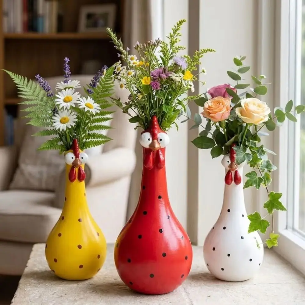 Resin Long Neck Chicken Vase Hand Painted Colorful Hen Vase Colorful Polka Dot Cartoon Style Chicken Statue Vase Home Decoration