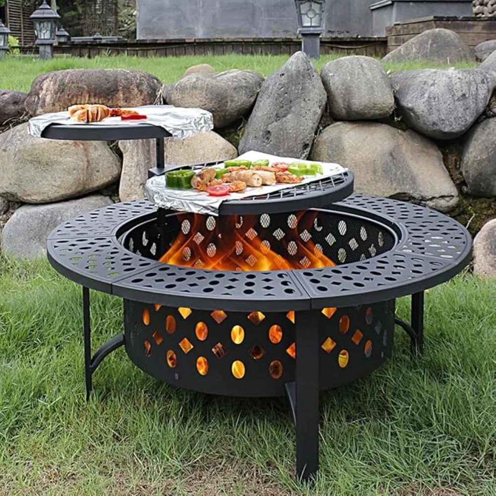 36 Inch Three in One Fire Pit with 2 Grills, Outdoor Wood Burning Fire Pit with Cover, Matchstick, and Circular Waterproof Cover