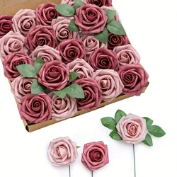 Artificial Flowers 25pcs Real Looking Coral Shade of Hot Pink Colors Foam Fake Roses with Stems for DIY Wedding Bouquets Bridal