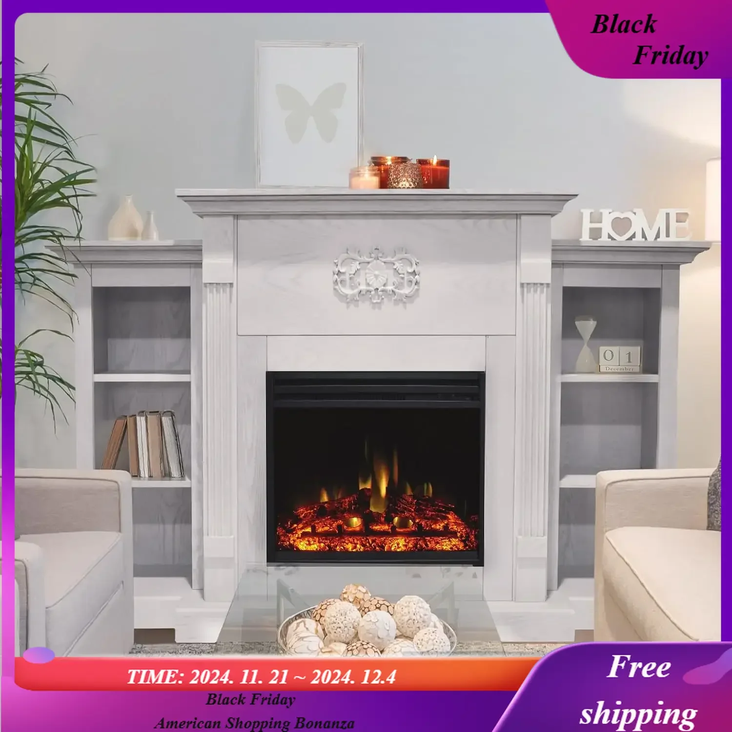 Sanoma 72 Inch Freestanding Electric Fireplace Heater with Traditional Mantel, Built-in Bookshelves, Colorful Flames,