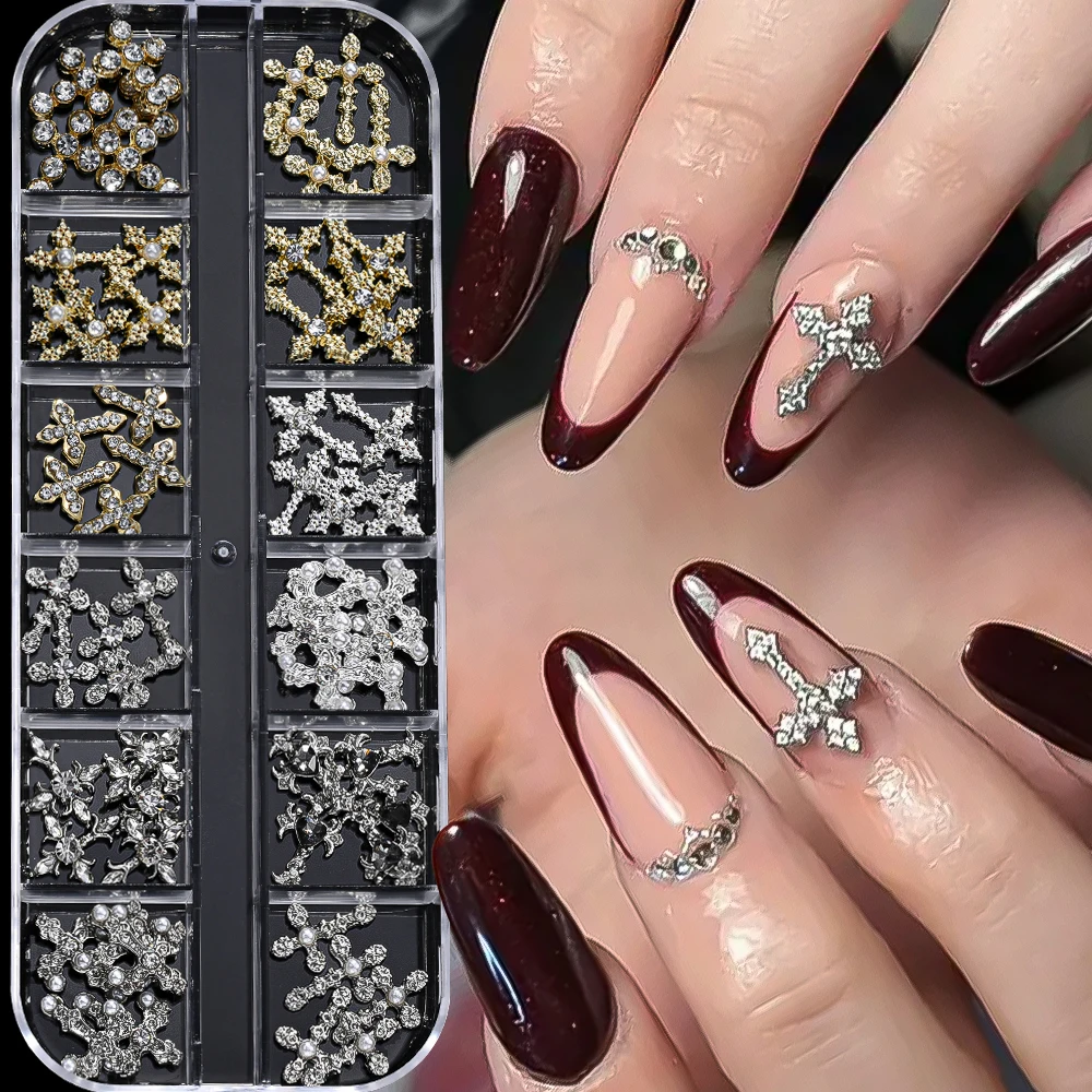 60 pz 12 Griglia Chic Vintage Croce Nail Art Charms con Diamante y2k Stile Metallo Lega Croce Nail Oro Argento Croce Decorazioni per unghie