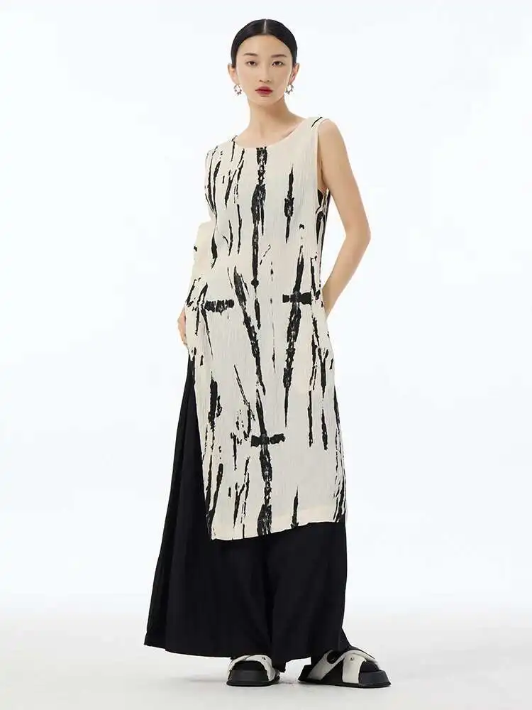 

Women Black Pattern Printed Slit Elegant Midi Vest Dress New Round Neck Sleeveless Fashion Tide Spring Summer