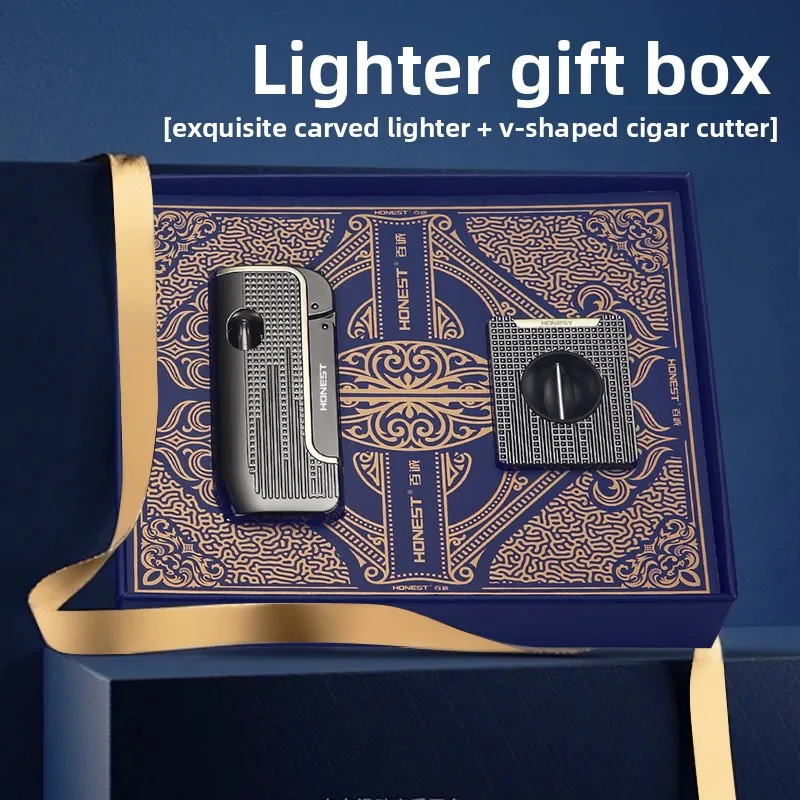 HONEST Lighter + Cigar Knife Set Single Direct Injection Lighter Cigar Pliers Premium Business Men's Cigarette Accessories