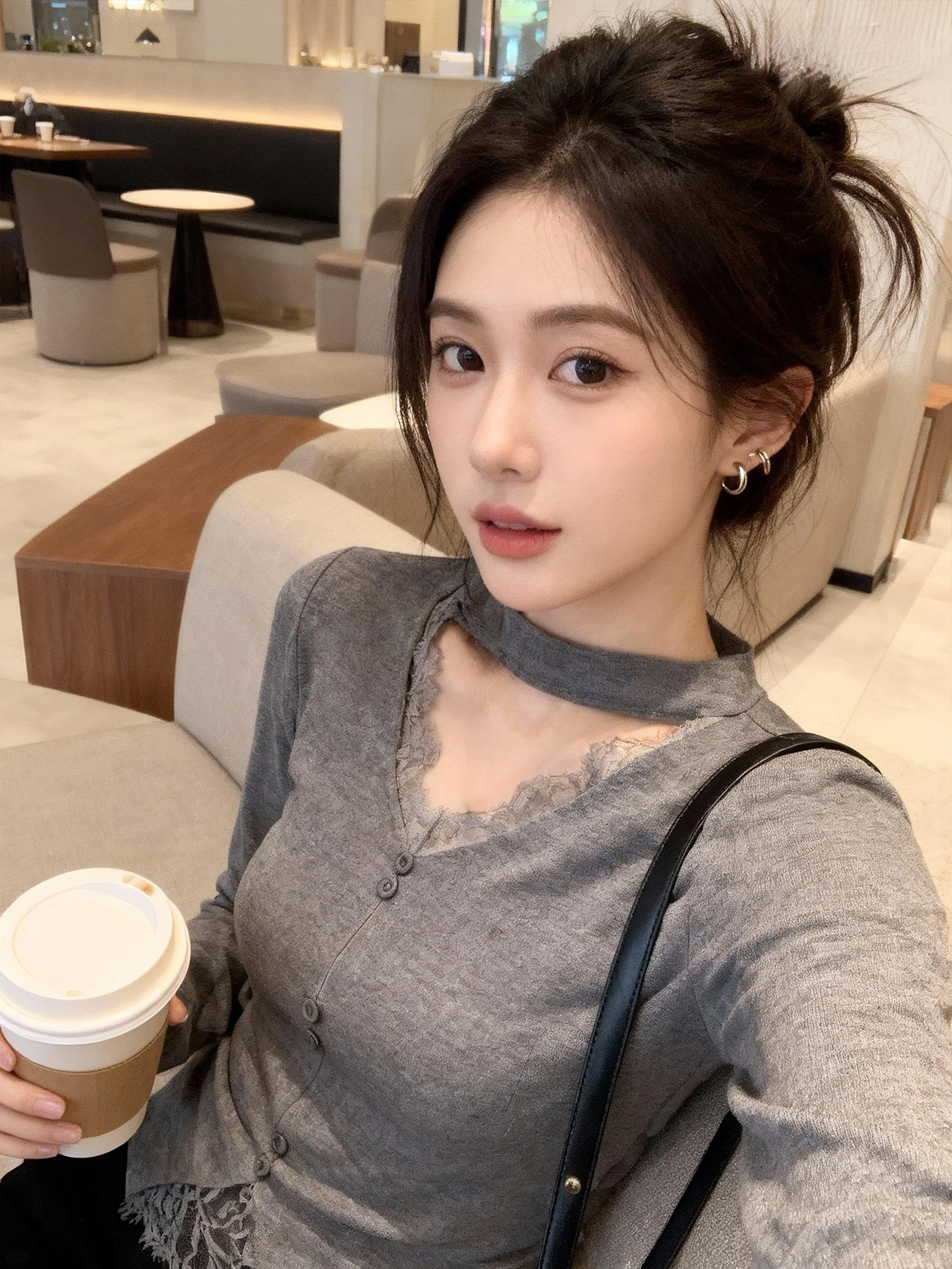 Coréen Sle ey dentelle Ne v-ne Long Sve femmes T-shirt tricoté coupe ajustée ort Design automne hiver haut Faionable