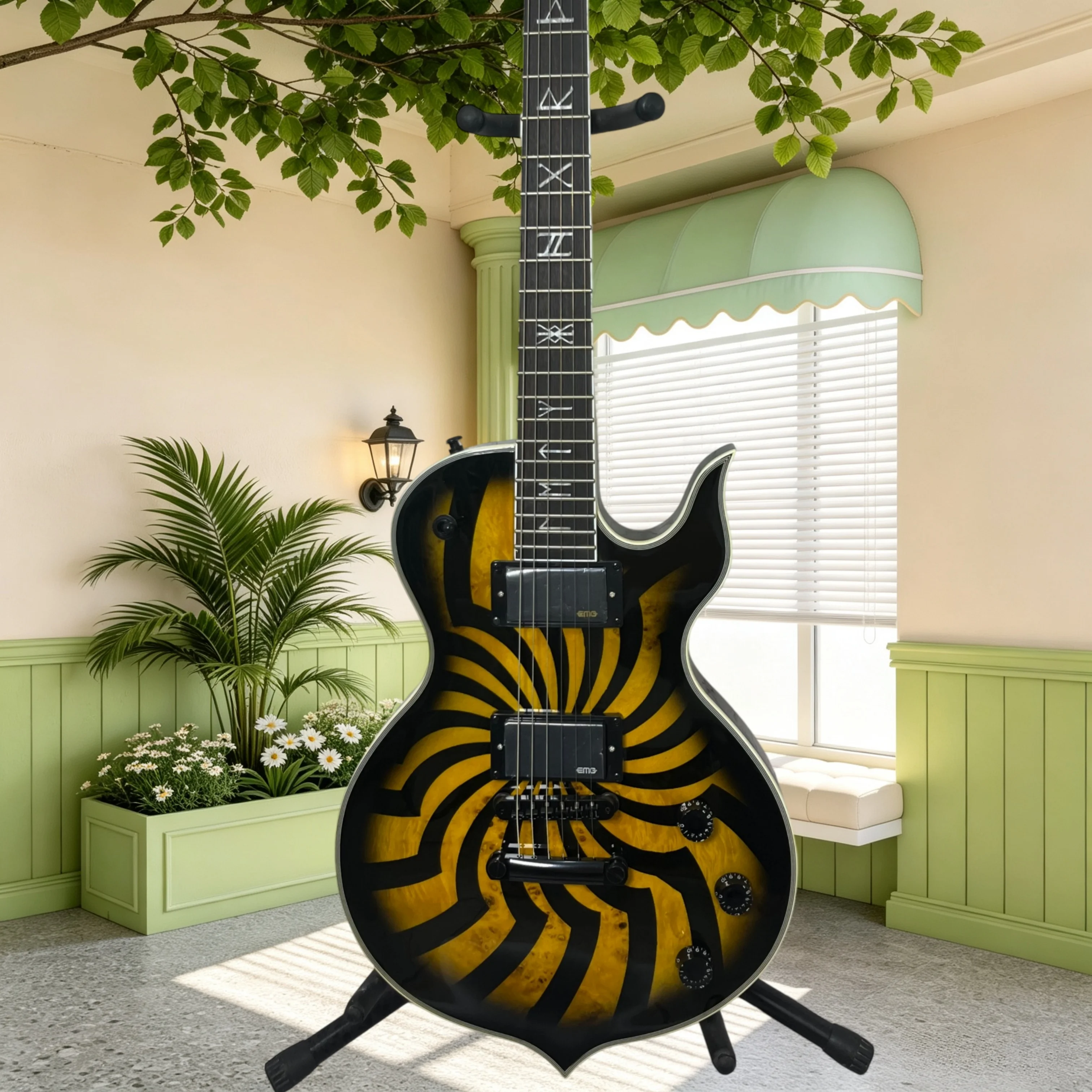 Black Yellow Swirl Graphic Electric Guitar Rosewood Fretboard Special Symbol Inlay EMG Pickups Black Hardware Heavy Metal Rock