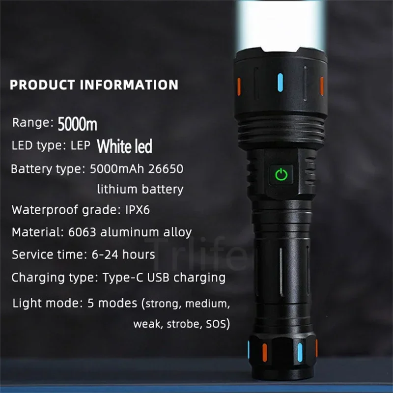 30W Powerful LED Shot Long Wick Flashlight TYPE-C USB Rechargeable Torch Light 1500Meter High Power Flashlight Tactical Lantern