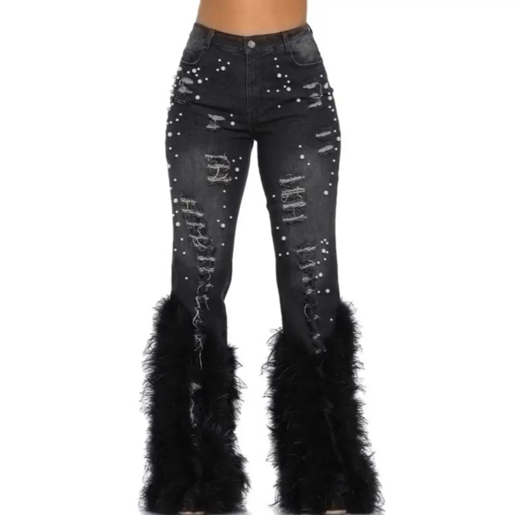 

Новое поступление, повседневные джинсовые джинсы со стразами, длинная борода, дизайн для женщин, модные удобные эластичные брюки