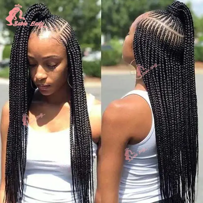 Synthetic Long Side Part Braided Wigs Full Lace Front Wig For Black Women 36Inch Knotless Box Cornrows Braids Faux Locs Lace Wig