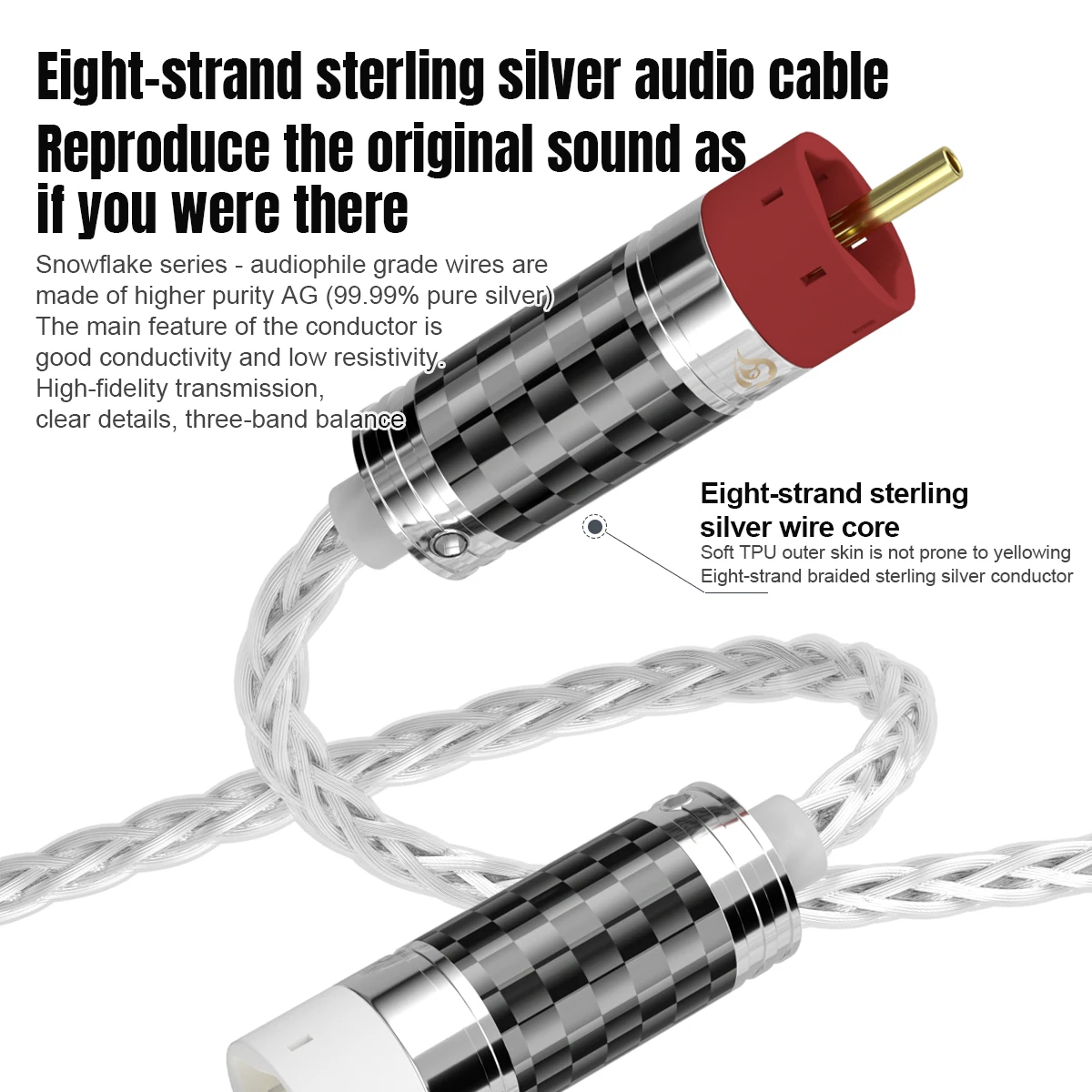 QYFANG Snow Series 8 Cores Pure Silver Audio Cable HiFi Stereo Flexible 8 Drives Line Soft Wire Detachable Cord Lotus RCA Plug