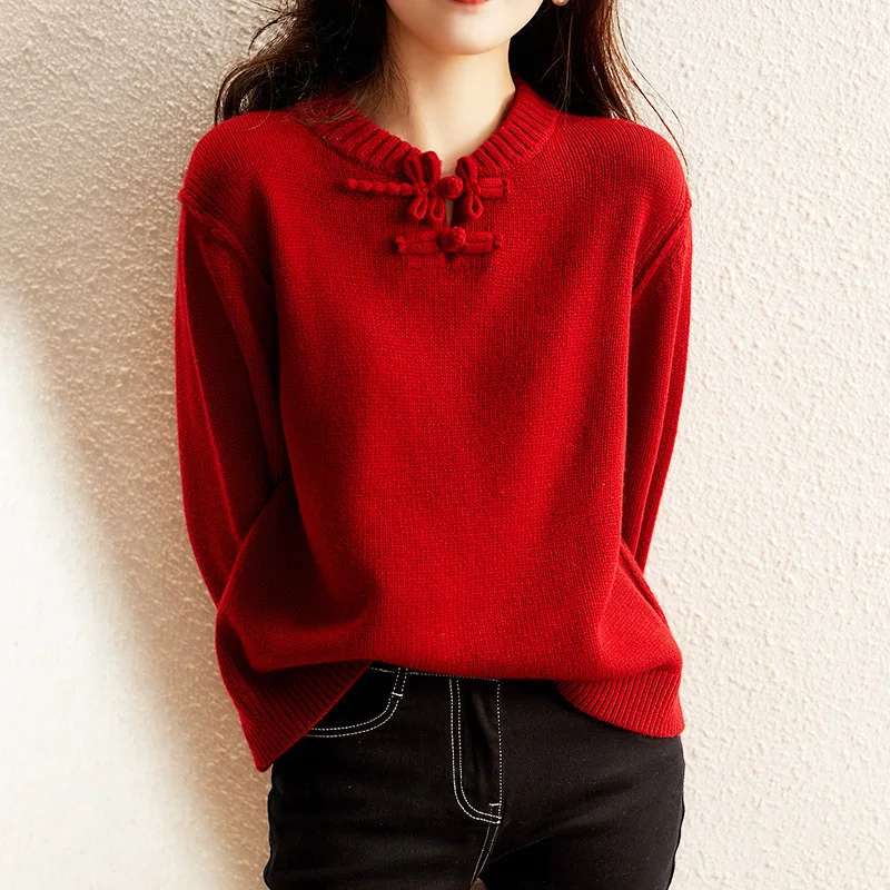 

Red Women's 100% Wool Sweater Autumn Winter Button Cashmere Base New Year Knitted Sweater