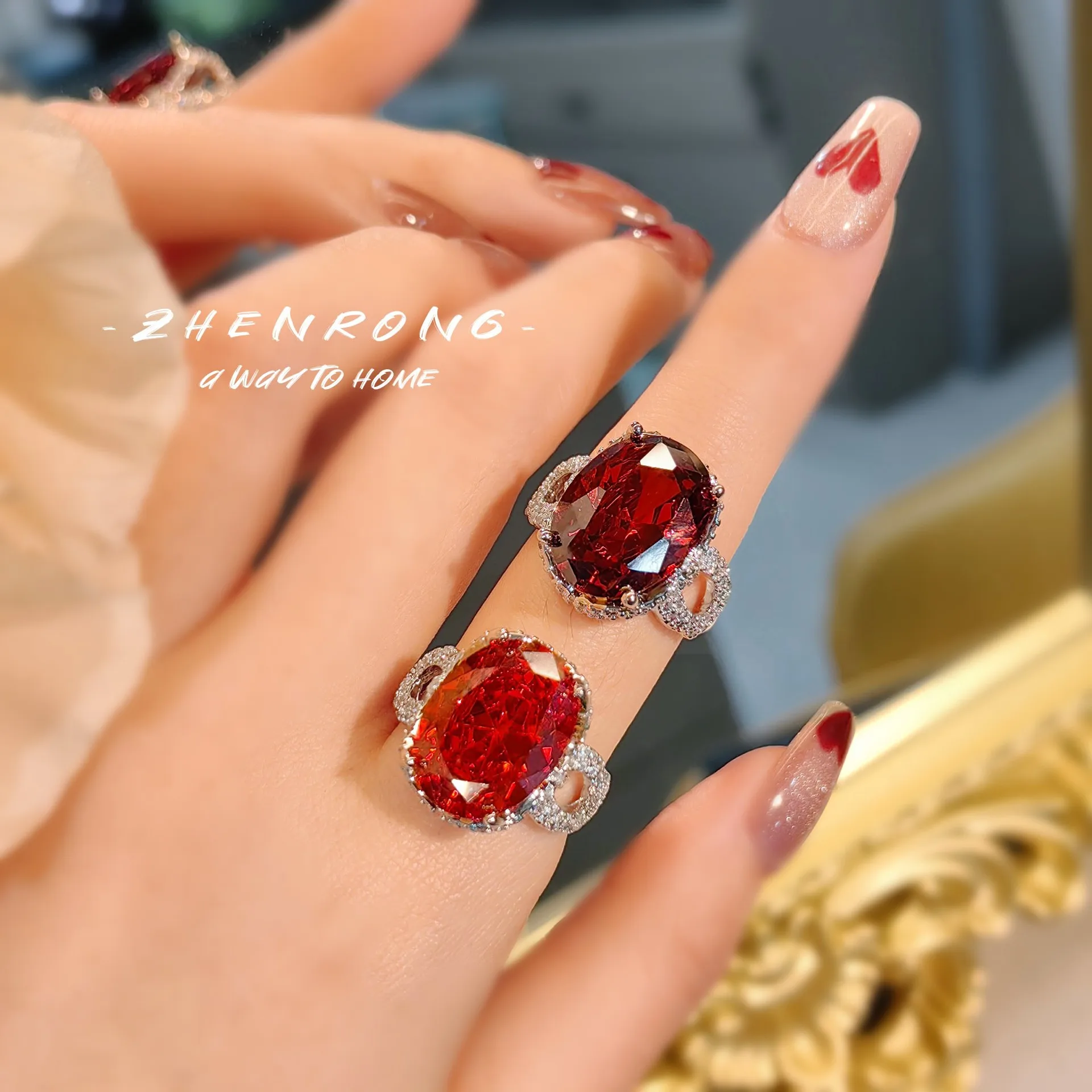 2024 New Fashion Silver Color Garnet Red/Fanta Orange Gemstone Rings Elegant Queen\'s Ring For Women Party Engagement Jewelry