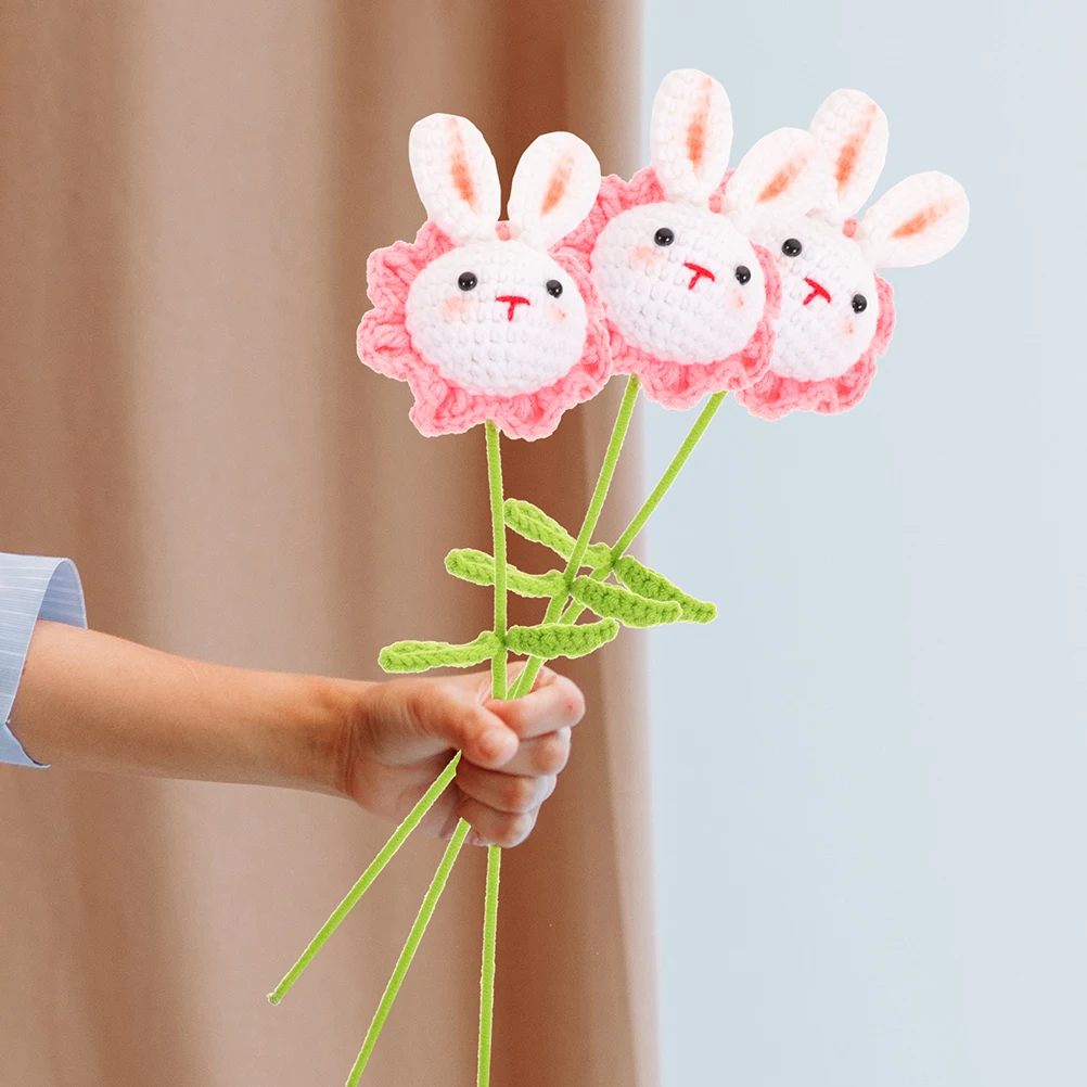 

2Pcs Knitted Rabbit Crochet Flowers Bouquet Baby Stuffed Bunny Polyester Unique Home Decor Wedding Party