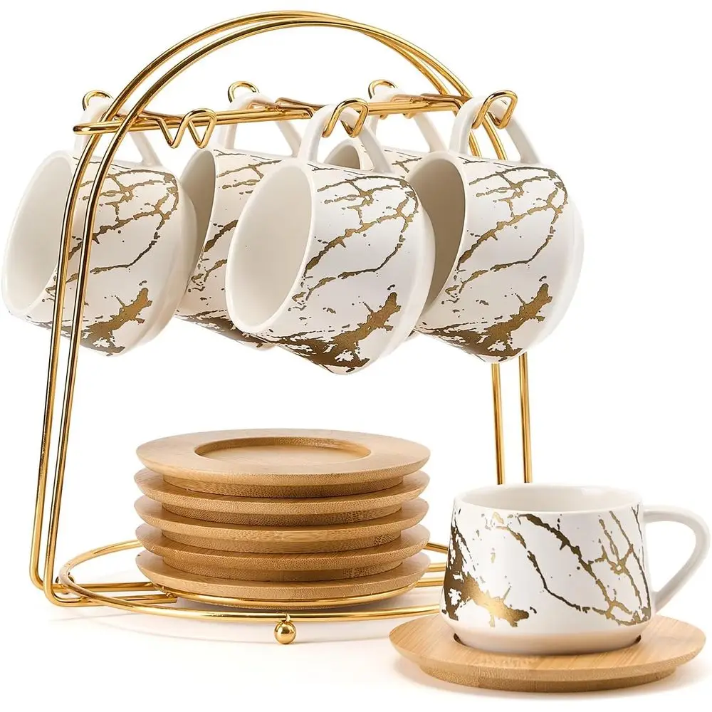 Juego de 6 Tazas Demitasse de Porcelana de 4 oz con Platos y Soporte Metálico, Diseño Blanco Marmoleado para Espresso o Té