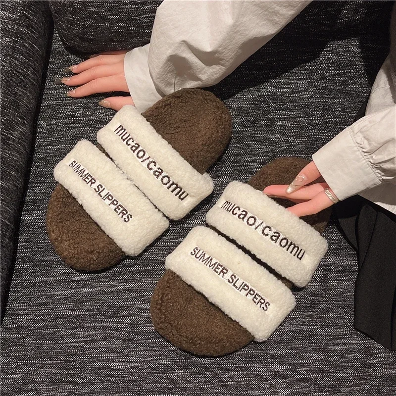 Embroidered letter lamb wool thick bottom double woolly slippers wear 2024 autumn winter new home cotton slippers woman