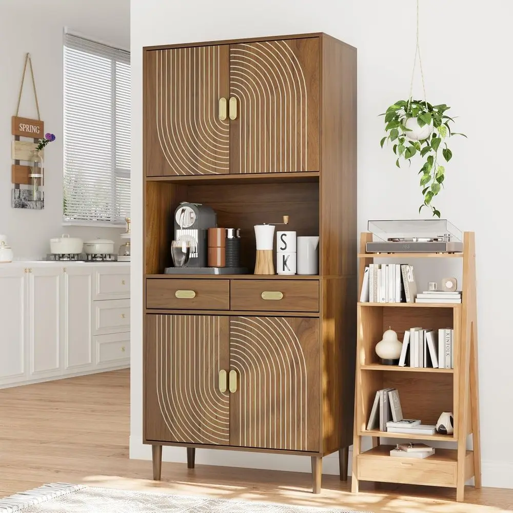 70.87" Tall Kitchen Pantry Cabinet with Line d Do, Storage Cupboard with 2 Ders, Adjustable Shelves & Gold Handles or Dining Roo