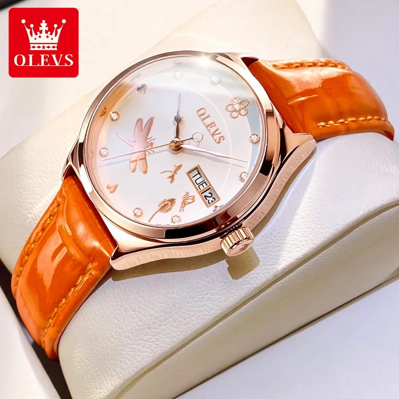 OLEVS 6611 Woman Automatic Watch Dual Calendar Mechanical Watches for Women Original Top Brand Leather Waterproof Ladies Watches