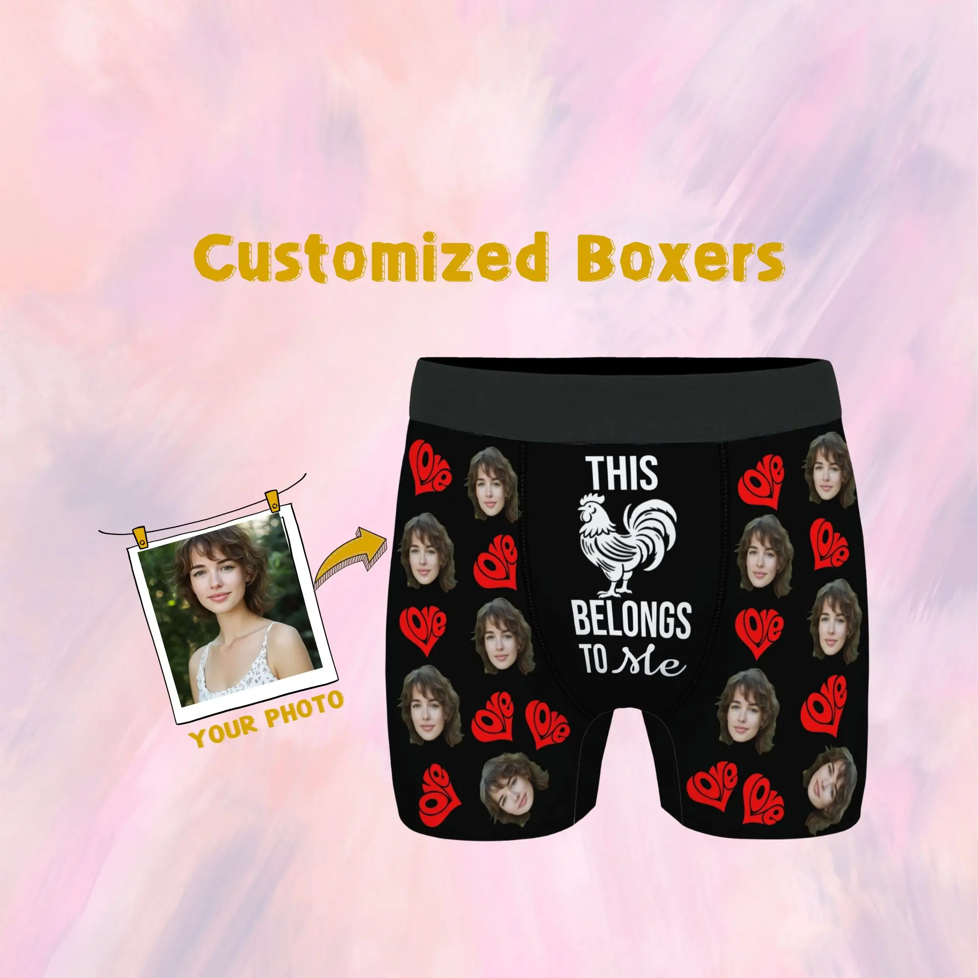 

Personalized Valentine's Day Gift for Boyfriend Custom Face Men's Boxer Briefs Black Red Love Heart Cock Face Print Sweet Design