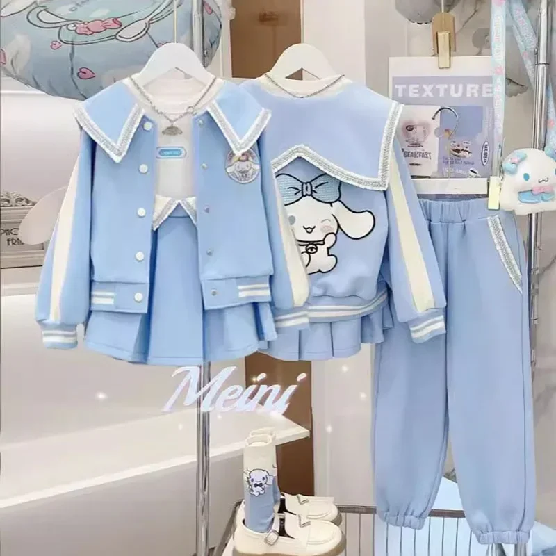 

Sanrio Kawaii Cinnamoroll Sweatshirt Set Cute Cartoon Children Baseball Uniform Jacket Pleated Skirt Trousers Autumn Trend Suit