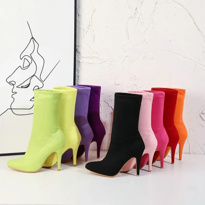 

Solid color purple orange pink yellow sexy socks booties thin high heels womens ankle stilettos short boots extra big size 33-48