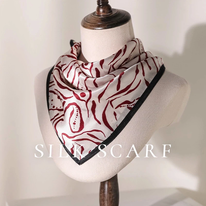 

100% Silk Square Scarf Vintage Red Geometric Hijab Hair Band Bandana Shawls Headscarf Luxury Brands Femme Handkerchief