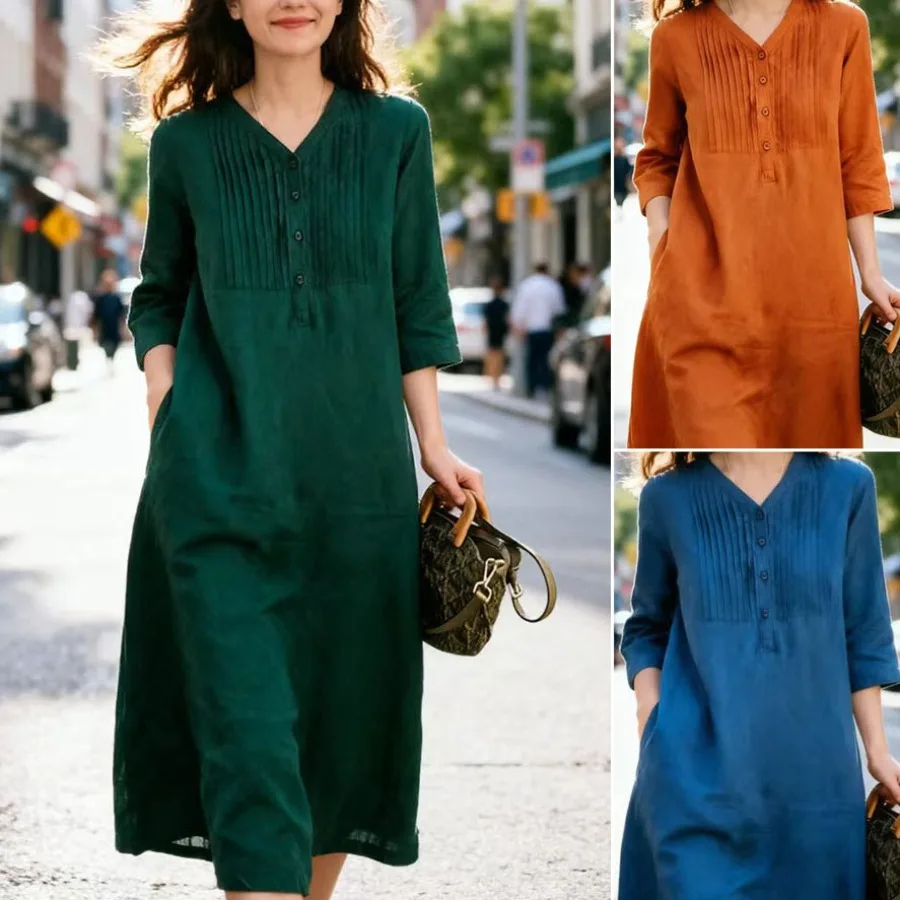 

【New style】 2026 summer new cotton and linen v-neck dress loose large size casual A-line dress
