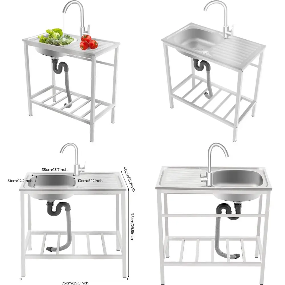 

Коммерческая отдельно стоящая раковина для ресторана с одной чашей 29,5x15,7x29,5 дюймов с краном и полками для хранения