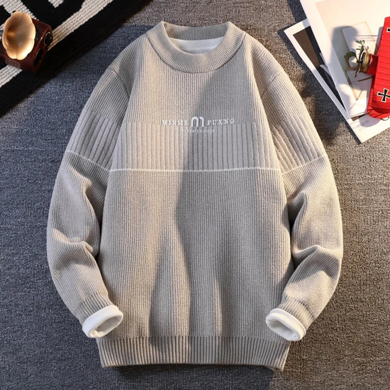 High End Men's Long Sleeved Knit Sweater Autumn New Solid Color Round Neck Print Pullover Fashion Business Casual Men's Clothing