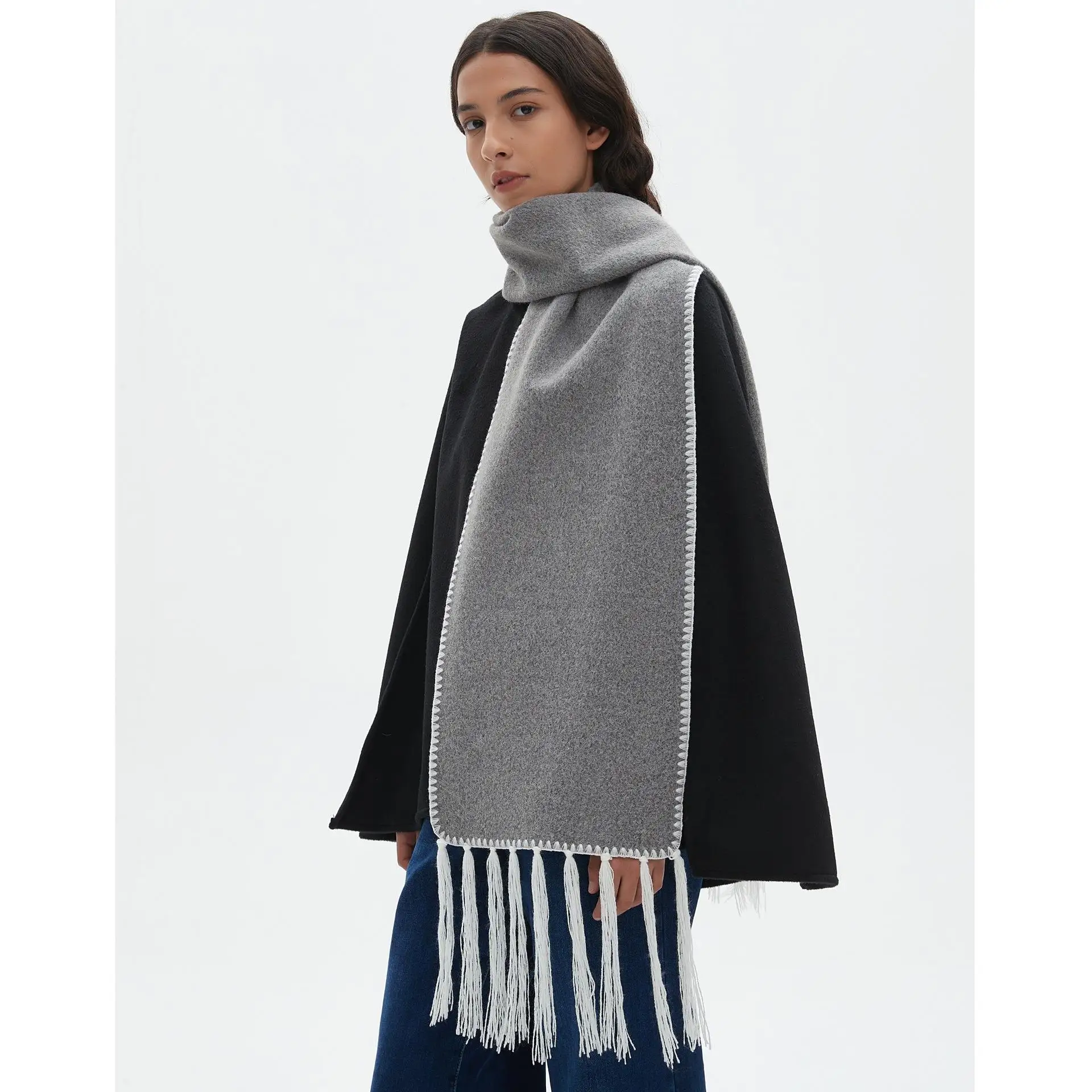 

Double-Sided Woolen Tassel Scarf Pure Color Autumn Winter New Sle Warmth Polyester Fiber European Sle Faion Accories