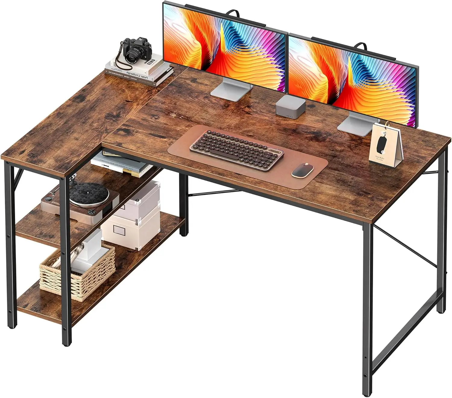 

47-inch L-Shaped Corner Desk with Reversible Shelves, Metal Frame, Rustic Brown for Home Office Gaming