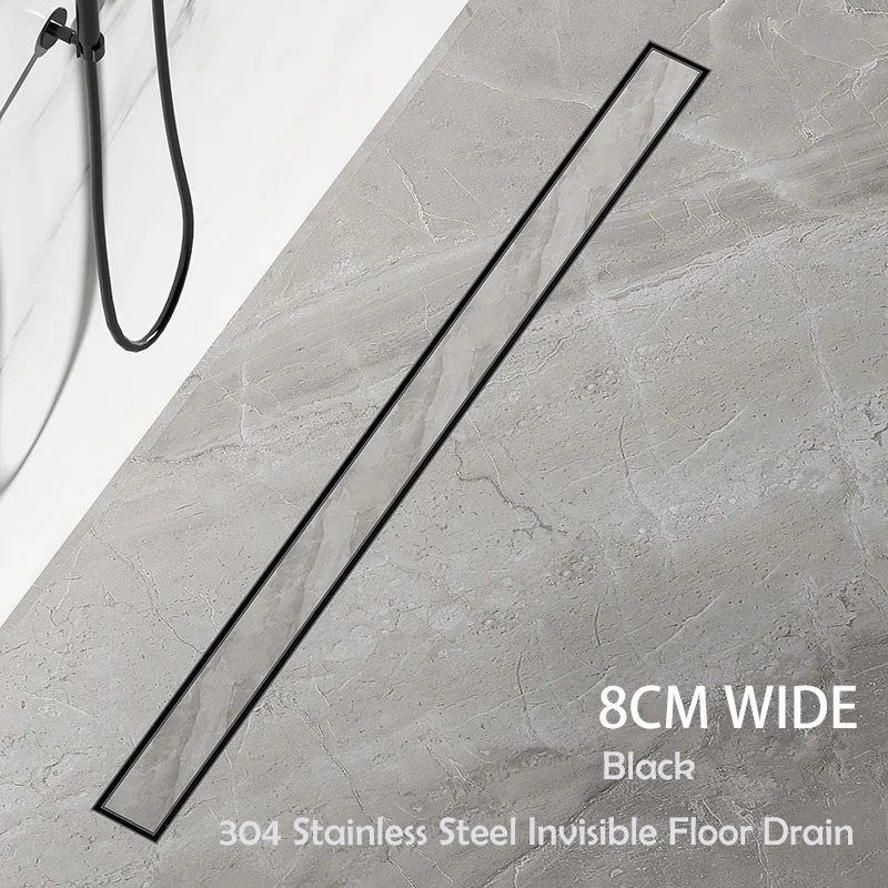 Black 304 Stainless Steel Invisible Floor Drain Bathroom Shower Room Rectangular Floor Drain With Copper Deodorant Core