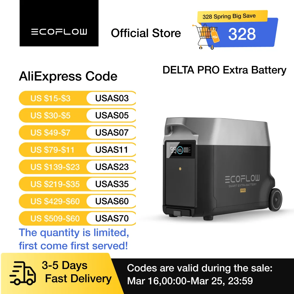 

ECOFLOW Portable Power Station 3600Wh DELTA Pro, 120V AC Outlets x 5, 3600W, 2.7H Fast Charge, Lifepo4 Power Station