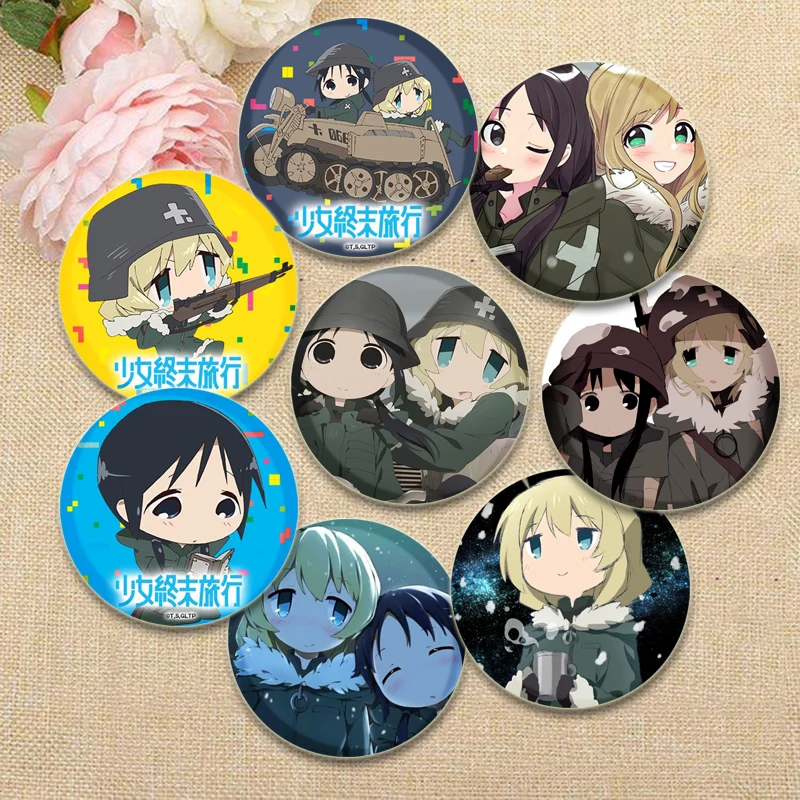 Alfileres esmaltados de Anime Girls Last Tour Shoujo Shuumatsu Ryokou, broches de dibujos animados, insignia creativa redonda para mochila, accesorios, regalos